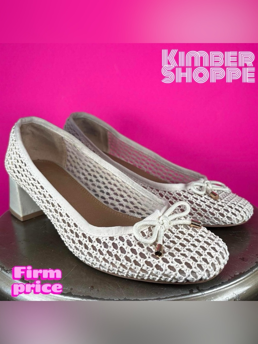 ASOS Cream Open Weave Square Toe Bow Accent Low Block Heel Pump US 8 UK 6 EU 39
